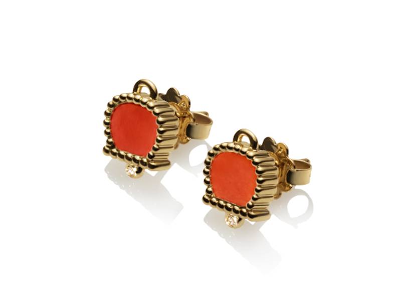 STUD EARRINGS IN YELLOW GOLD, MICRO CAMPANELLA IN SALMON CORAL AND DIAMONDS CHANTECLER 37034